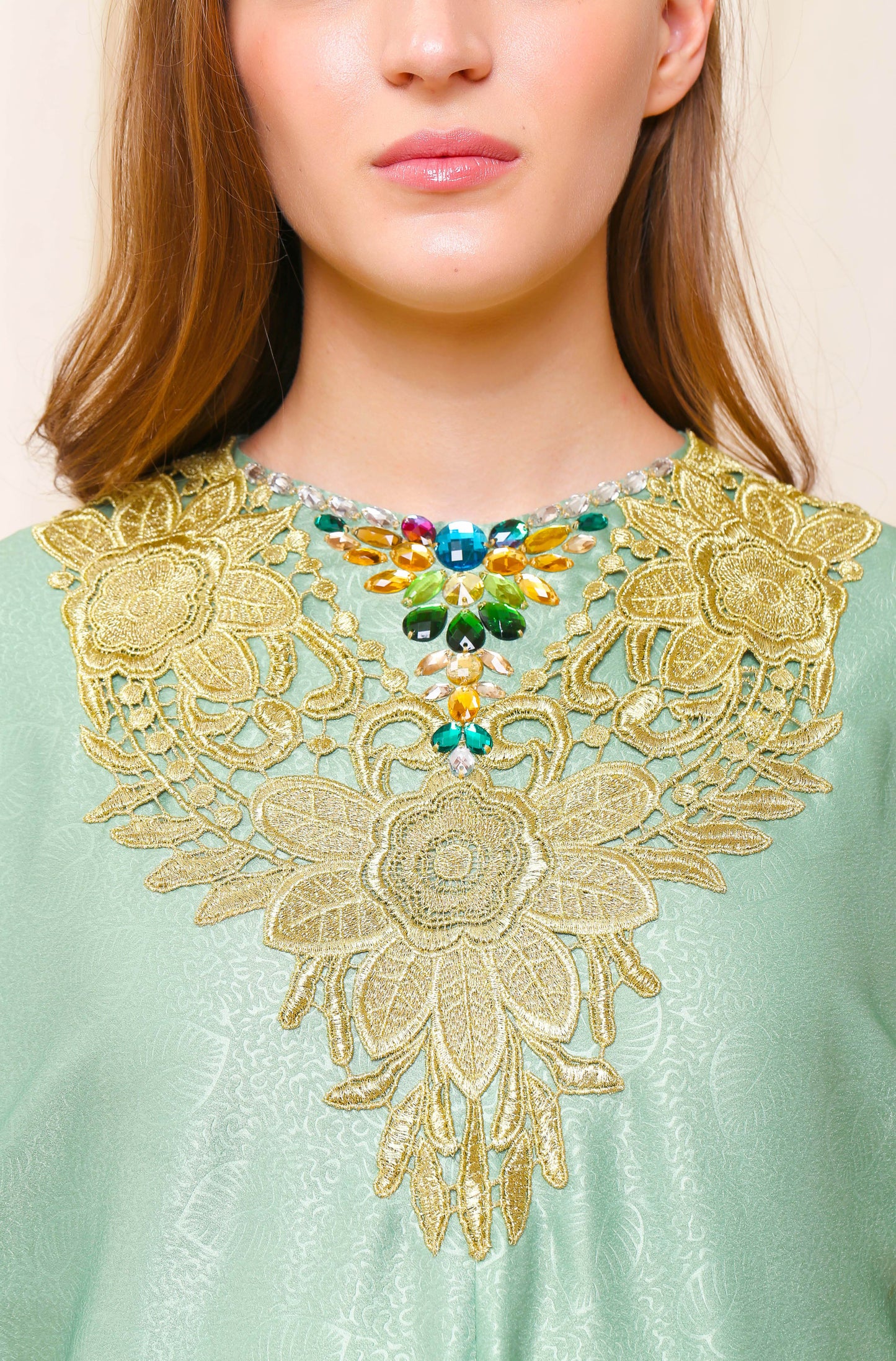 Brave - Light Green Gold Embroidery Kaftan