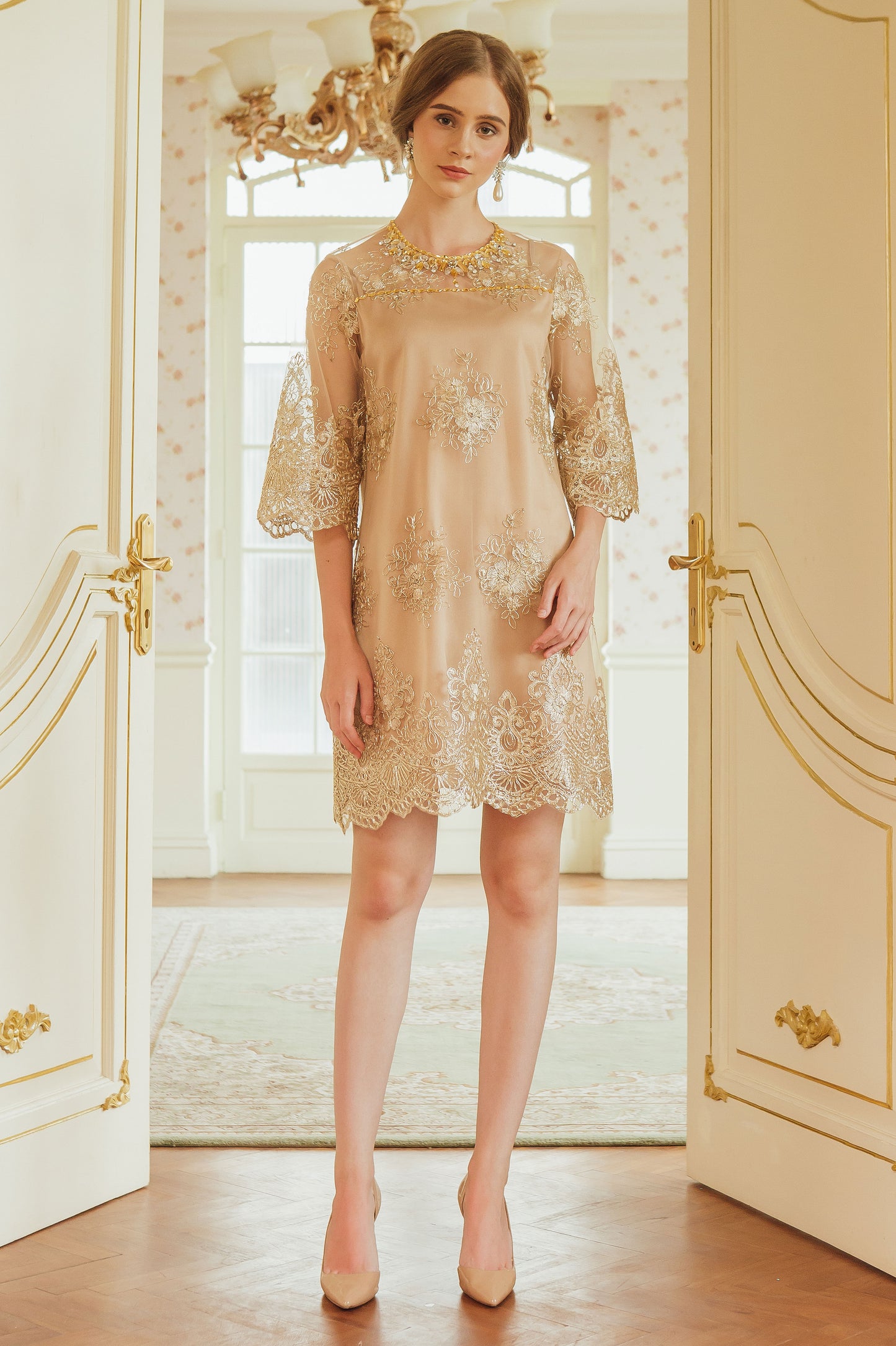 Noble - Gold Lace Midi Dress