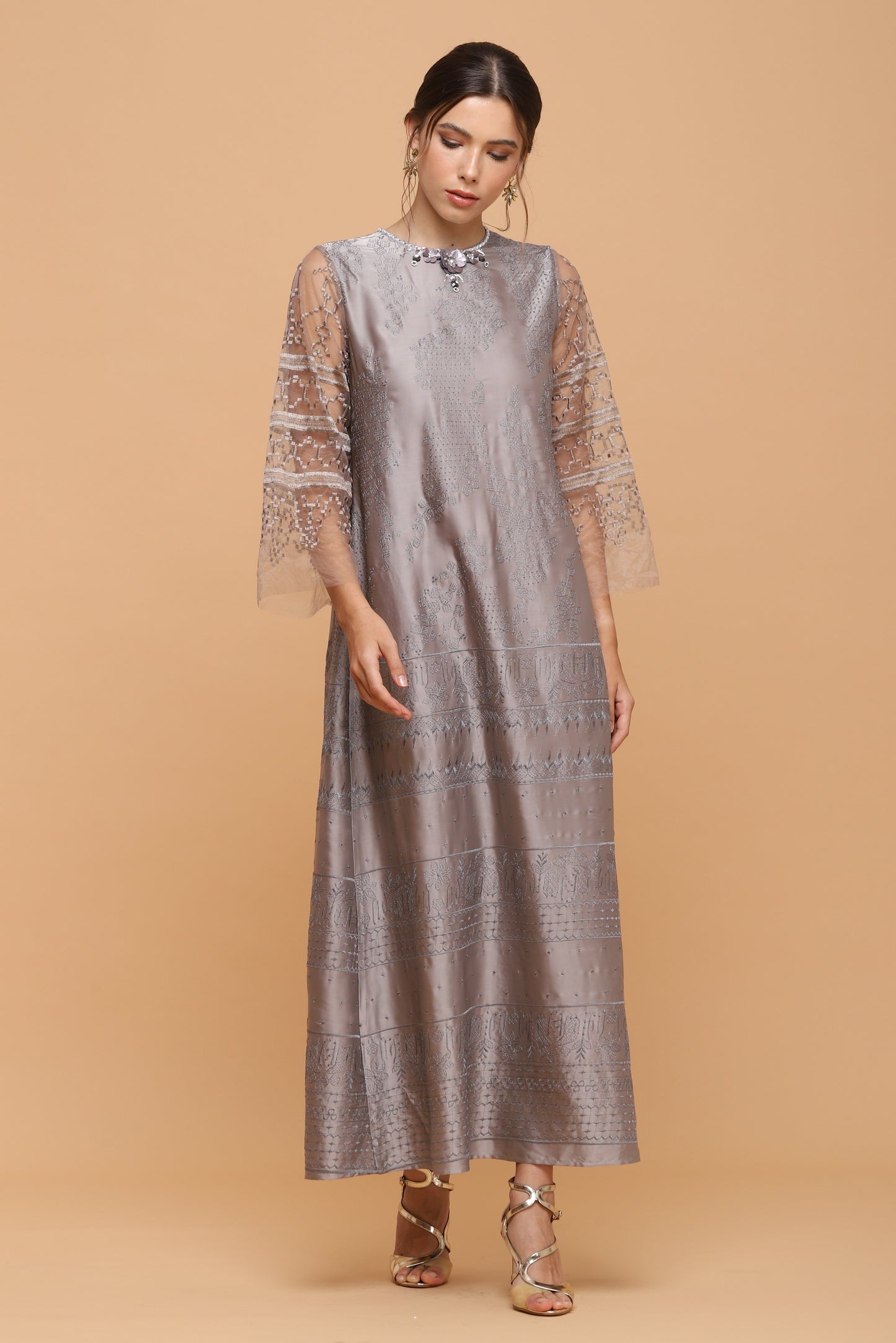 Kindness - Grey Embroidery Maxi Dress