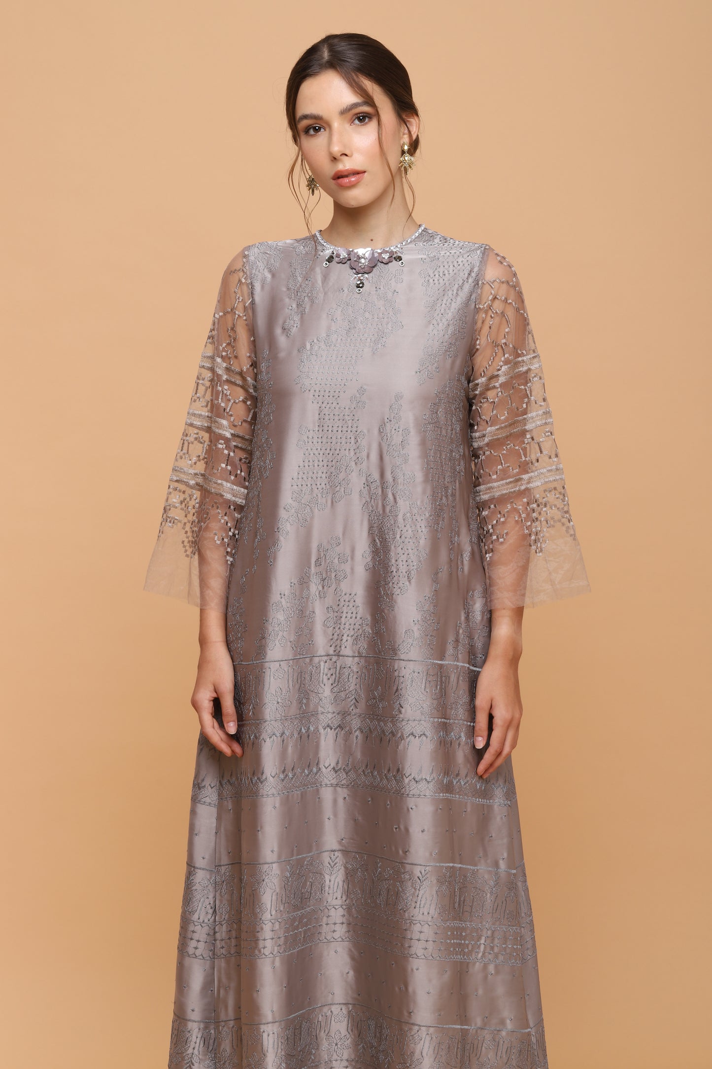 Kindness - Grey Embroidery Maxi Dress