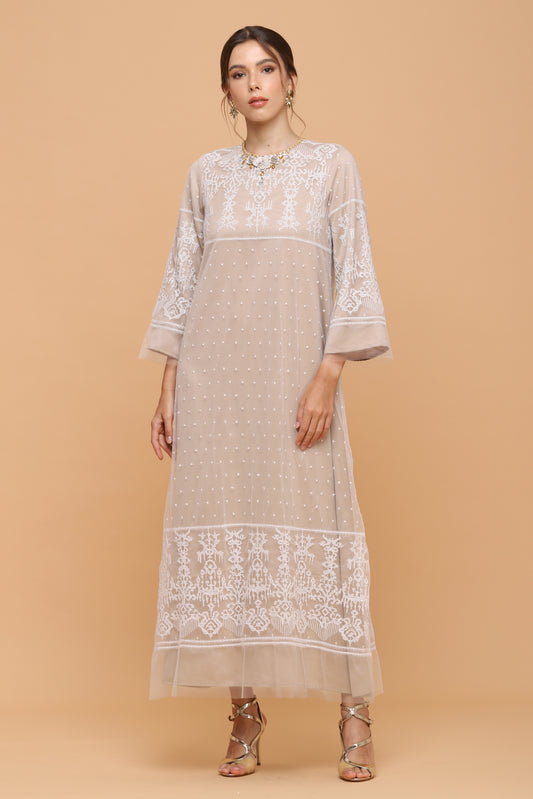 Kindness - White Lace on Beige Maxi Dress