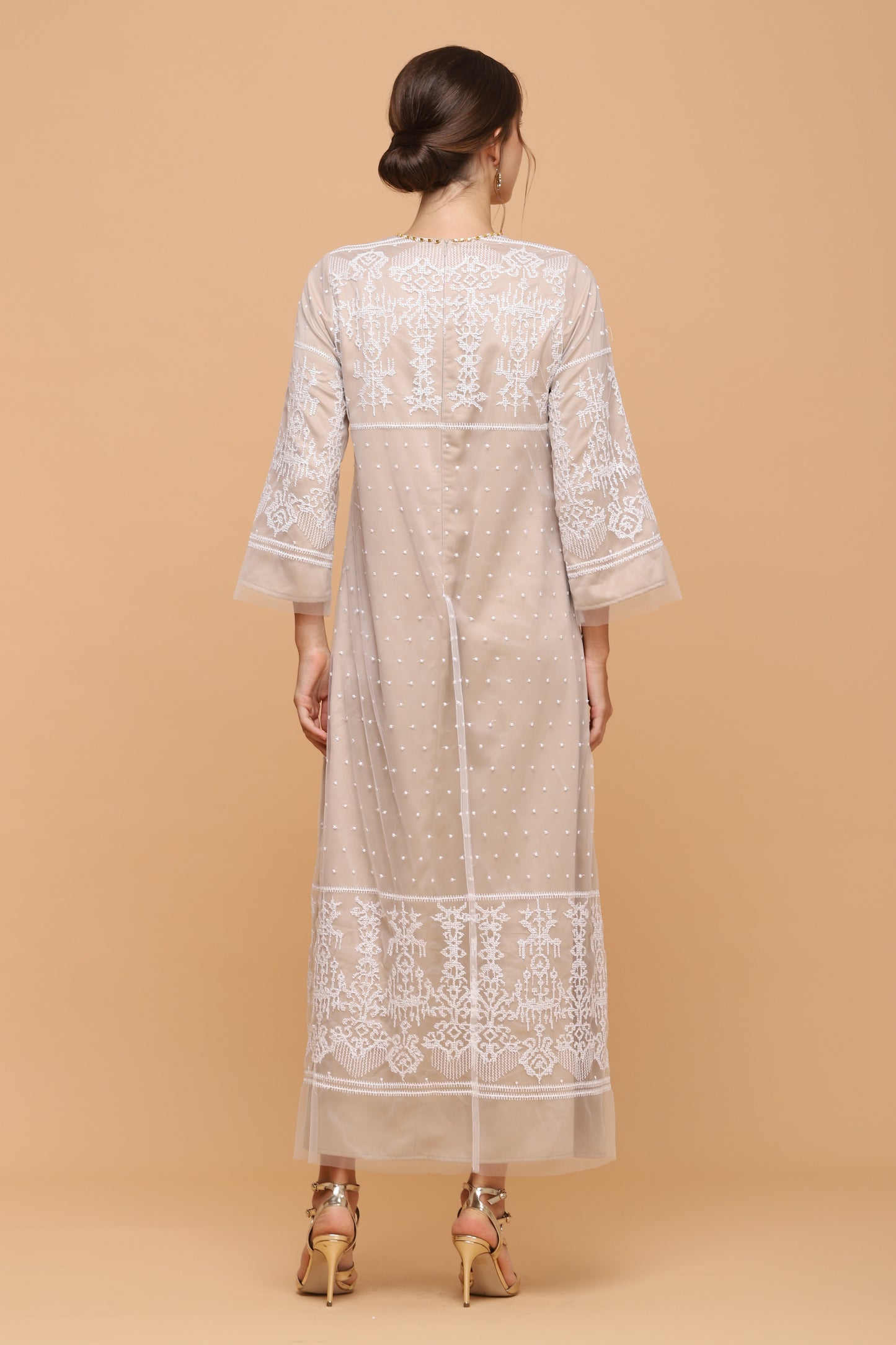 Kindness - White Lace on Beige Maxi Dress