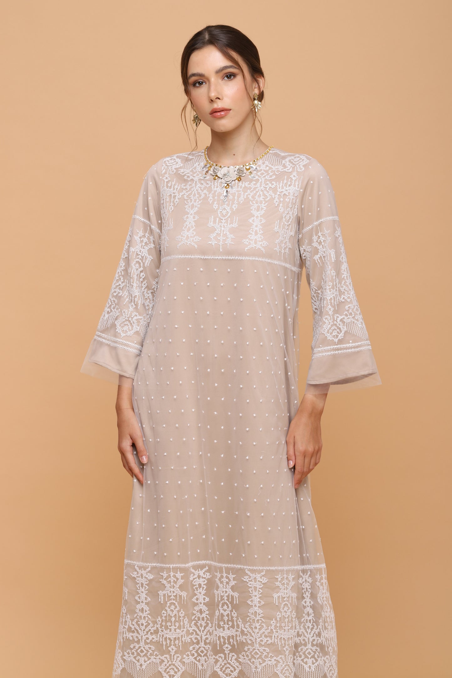 Kindness - White Lace on Beige Maxi Dress