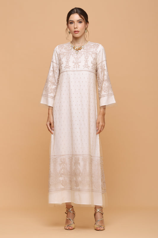 Kindness - Gold Lace on White Maxi Dress
