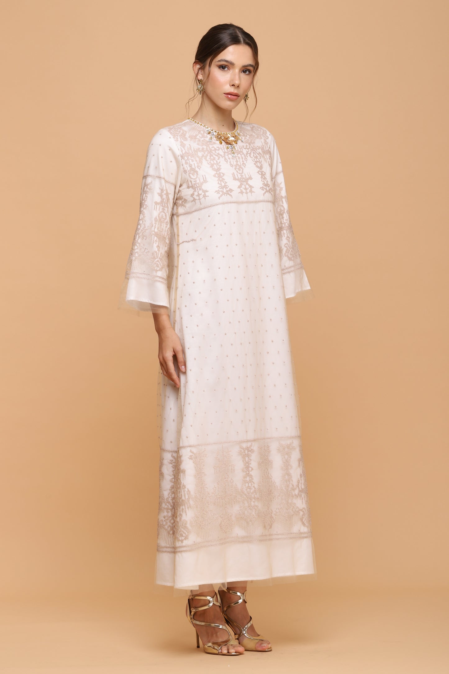 Kindness - Gold Lace on White Maxi Dress